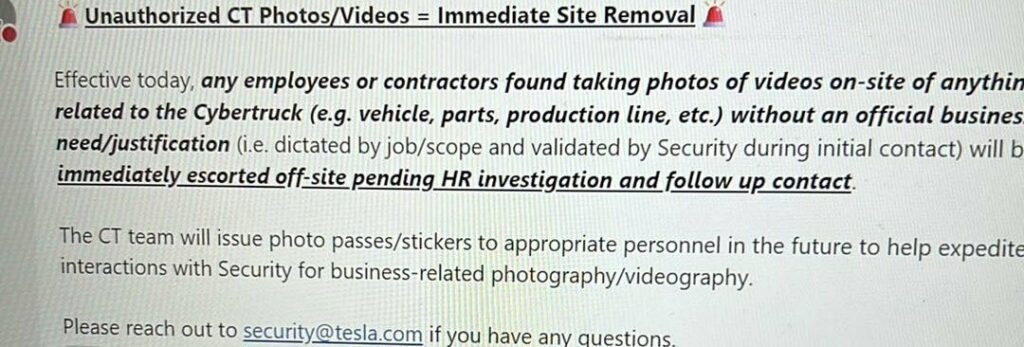   Утечка записки показывает, что Tesla борется с утечками фотографий Cybertruck от сотрудников